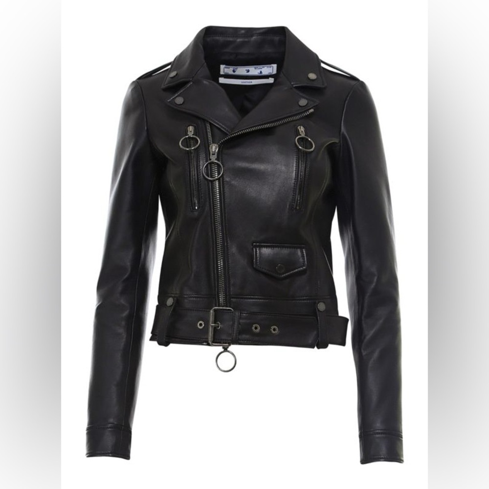 Off-White Black Leather Moto Jacket with Asymmetrical Zipper
